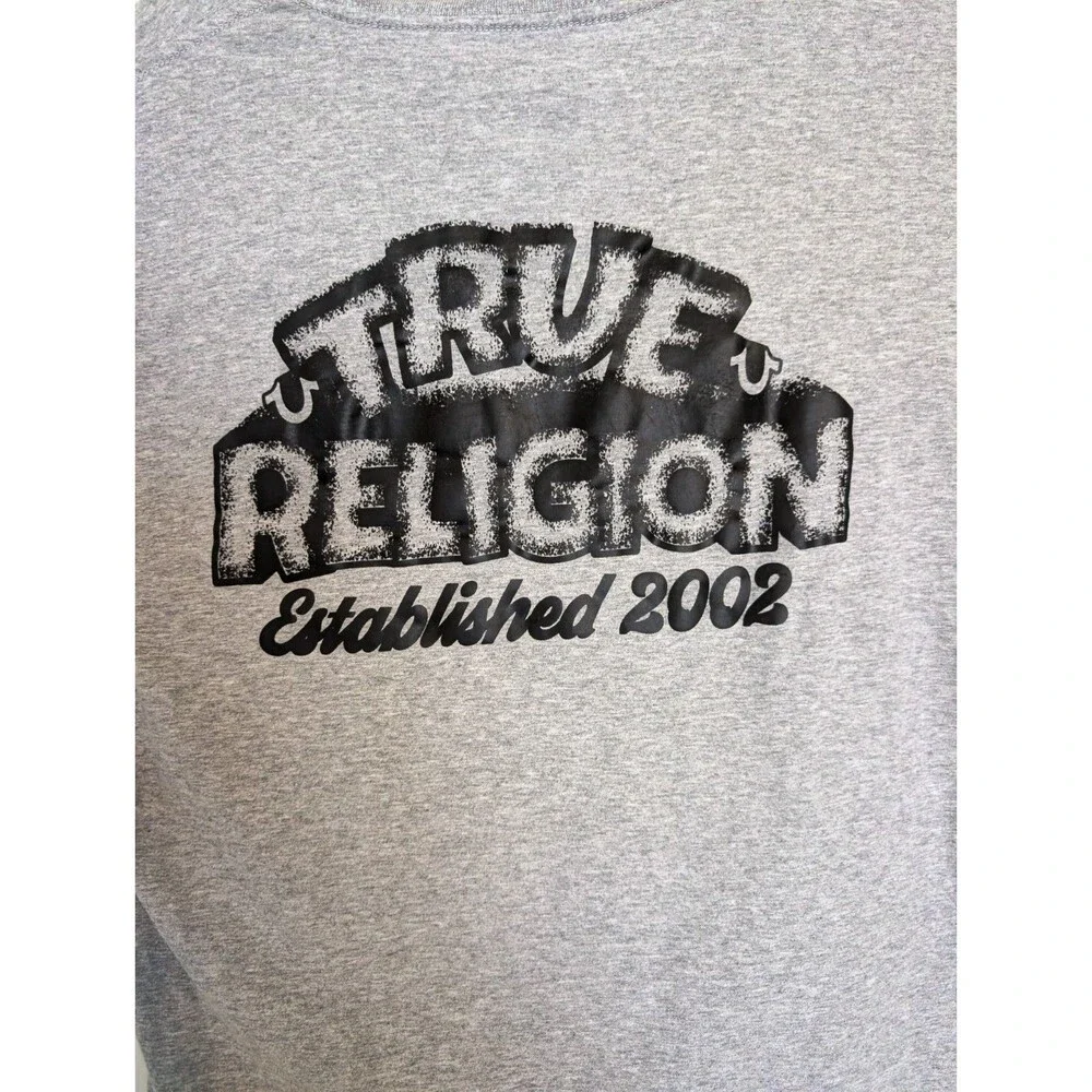 True Religion Men T-Shirt Large L Gray Double Sided Horseshoe Back Graphic Logo